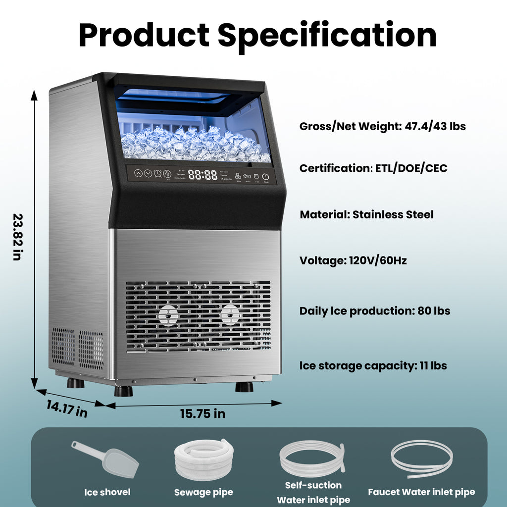 IUDommy 14.17" Freestanding Ice Maker With 80 Lb./24H Daily Production, Clear Ice And Dual Water Supply In Stainless Steel