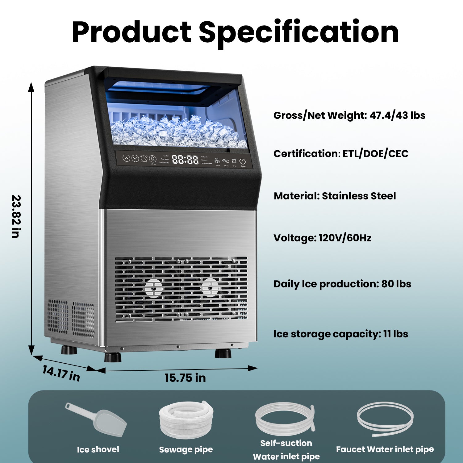 IUDommy 14.17" Freestanding Ice Maker With 80 Lb./24H Daily Production, Clear Ice And Dual Water Supply In Stainless Steel