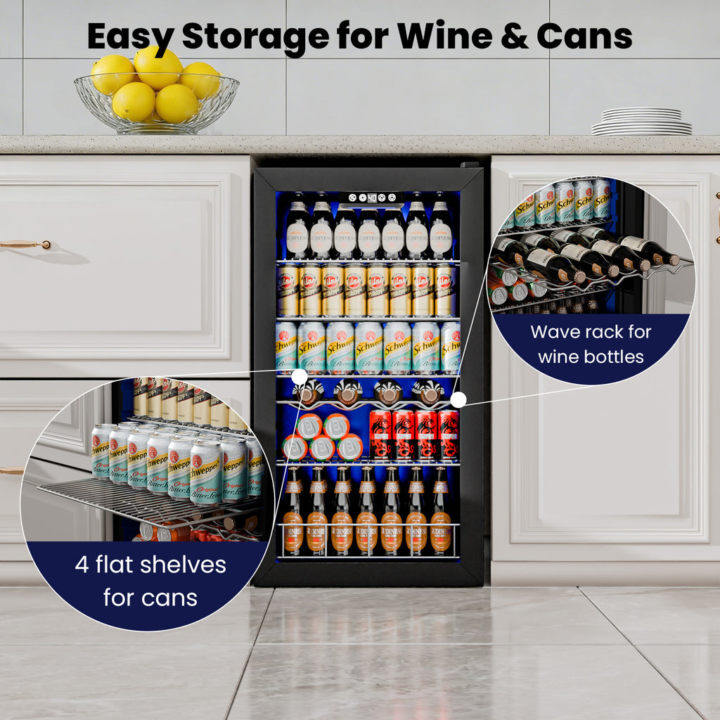 IUDommy 17.8'' W 150 Cans 2.4 Cubic Feet Freestanding/Built-In Wine & Beverage Refrigerator With Glass Door, Silver