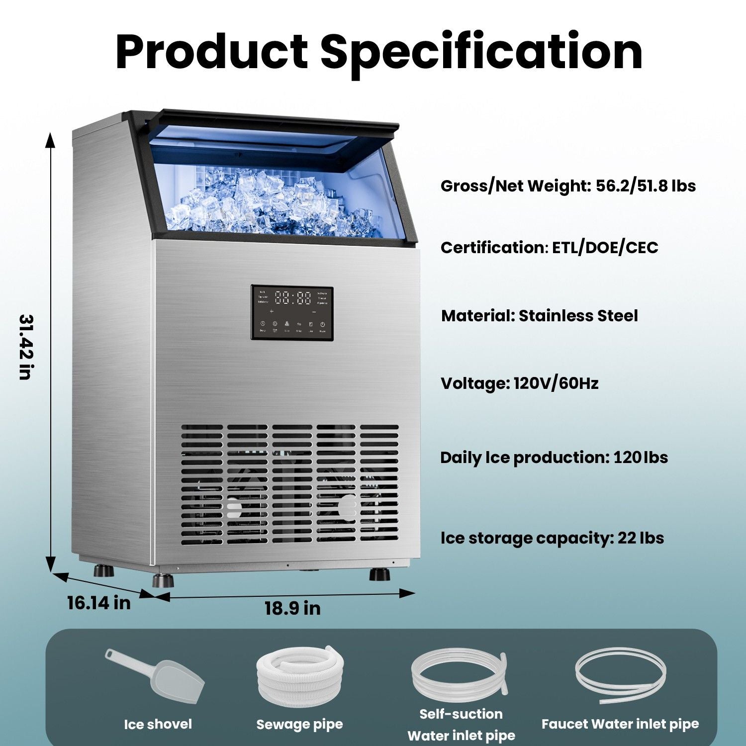IUDommy 18.9" Freestanding Ice Maker With 120 Lb./24H Daily Production, Clear Ice And Dual Water Supply In Stainless Steel