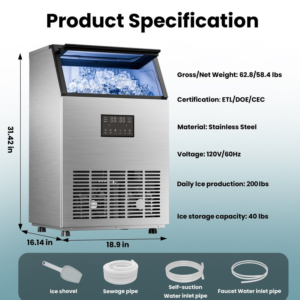 IUDommy 18.9" Freestanding Ice Maker With 200 Lb./24H Daily Production, Clear Ice And Dual Water Supply In Stainless Steel