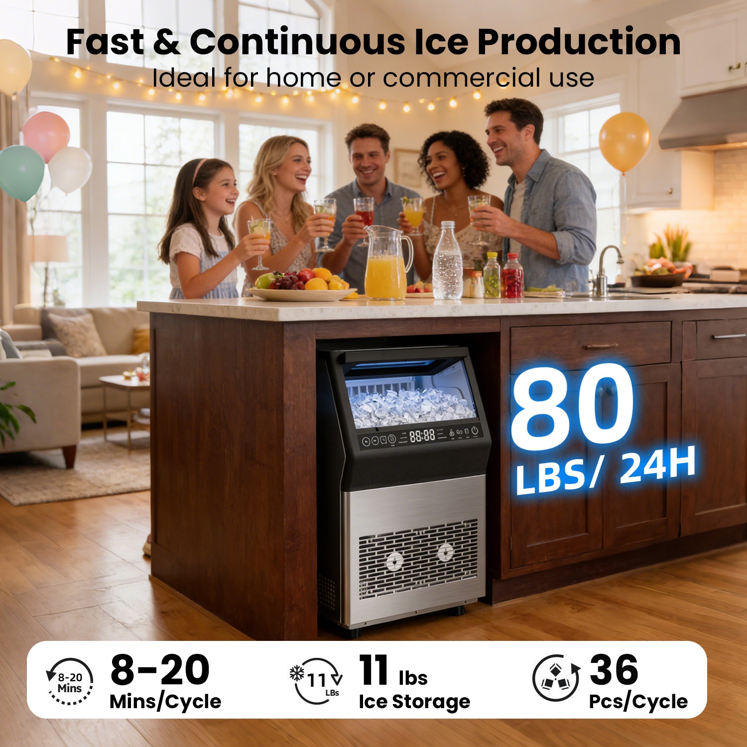 IUDommy 14.17" Freestanding Ice Maker With 80 Lb./24H Daily Production, Clear Ice And Dual Water Supply In Stainless Steel