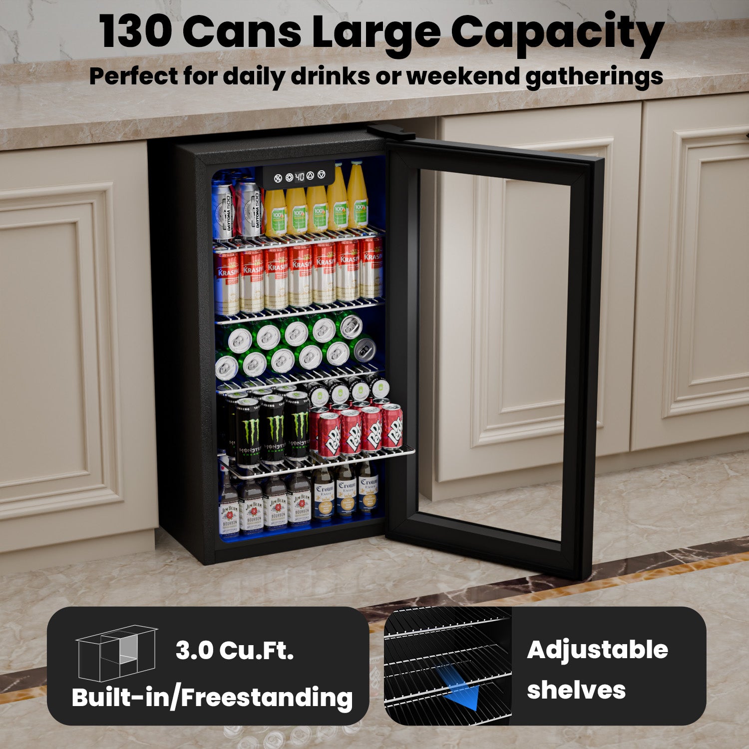 IUDommy 15.4'' W 130 Cans 1.7 Cubic Feet Freestanding/Built-In Wine & Beverage Refrigerator With Glass Door, Black