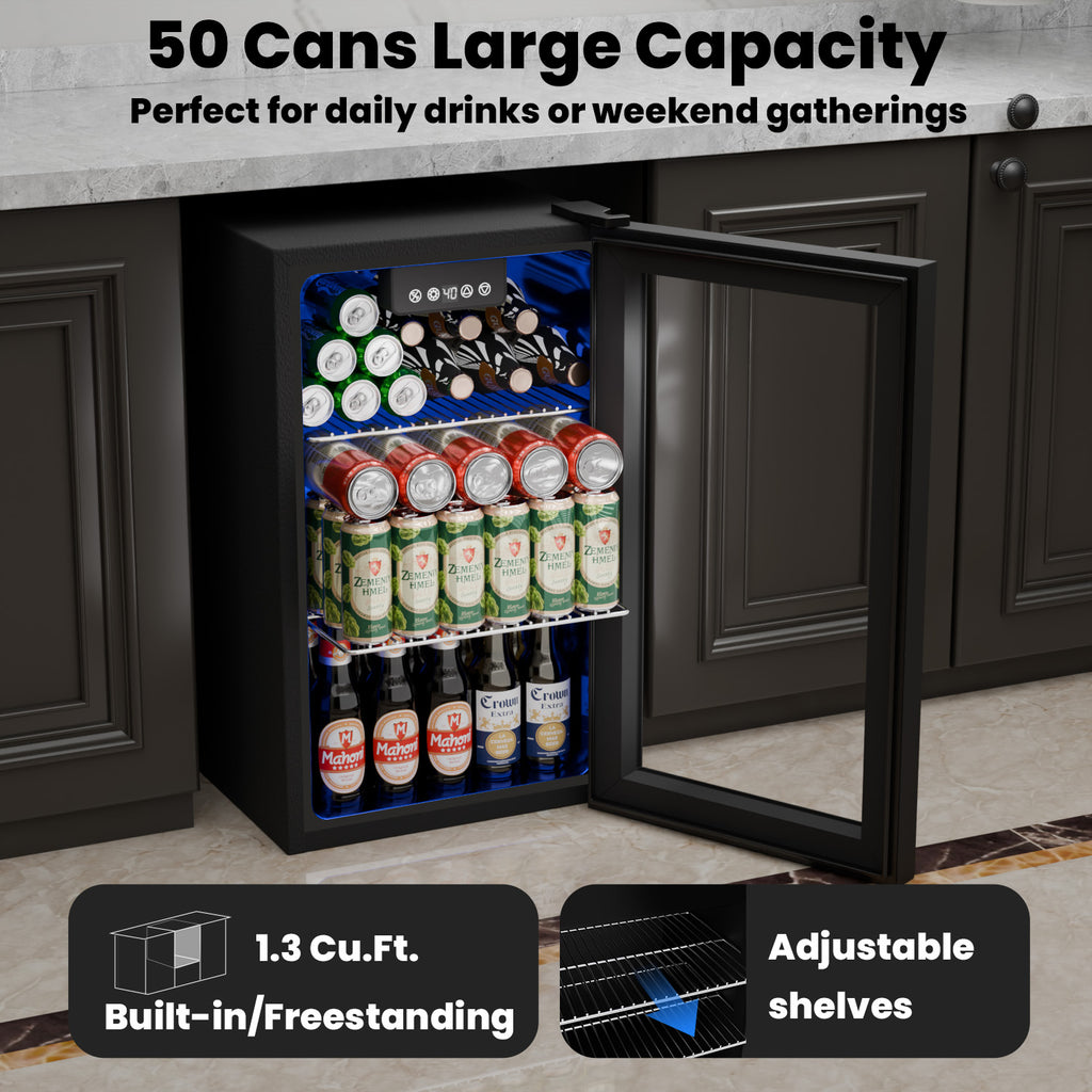 IUDommy 15.4'' W 50 Cans 1.7 Cubic Feet Freestanding/Built-In Wine & Beverage Refrigerator With Glass Door, Black