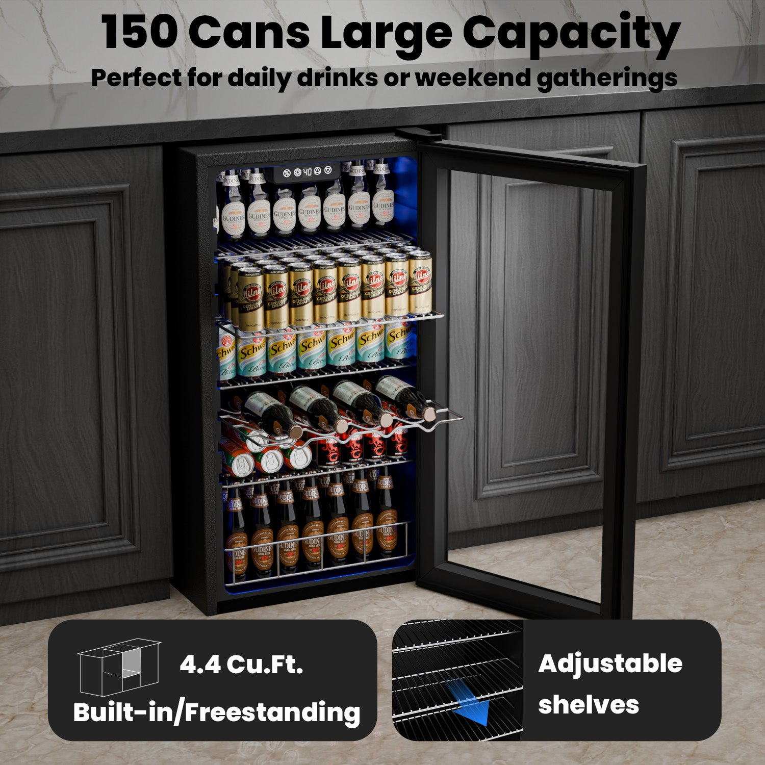 IUDommy 17.8'' W 150 Cans 2.4 Cubic Feet Freestanding/Built-In Wine & Beverage Refrigerator With Glass Door, Silver