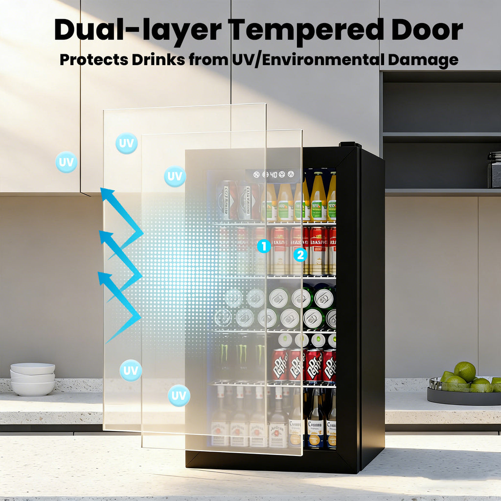 IUDommy 15.4'' W 130 Cans 1.7 Cubic Feet Freestanding/Built-In Wine & Beverage Refrigerator With Glass Door, Black