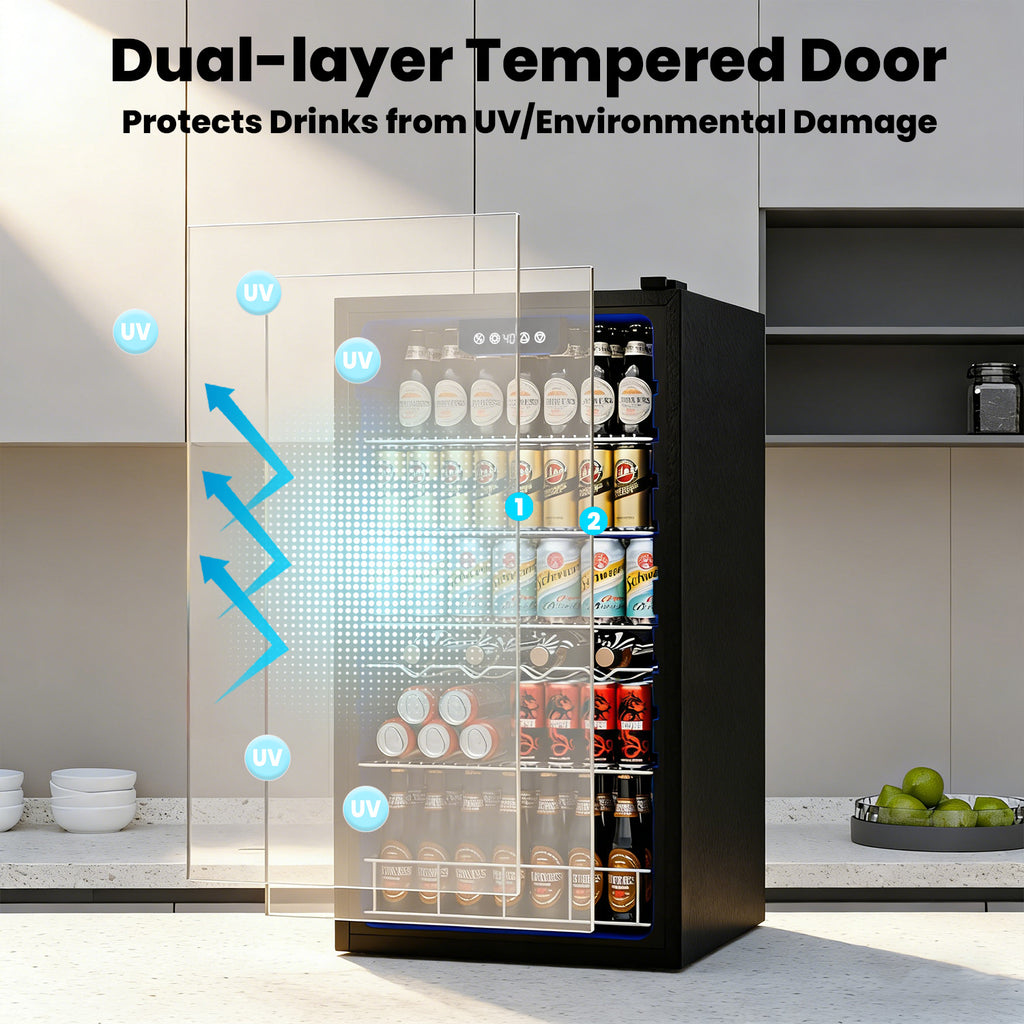 IUDommy 17.8'' W 150 Cans 2.4 Cubic Feet Freestanding/Built-In Wine & Beverage Refrigerator With Glass Door, Black
