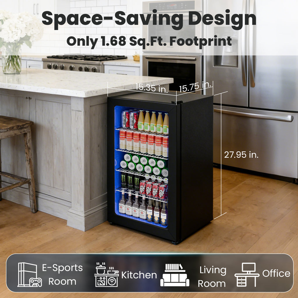 IUDommy 15.4'' W 130 Cans 1.7 Cubic Feet Freestanding/Built-In Wine & Beverage Refrigerator With Glass Door, Black