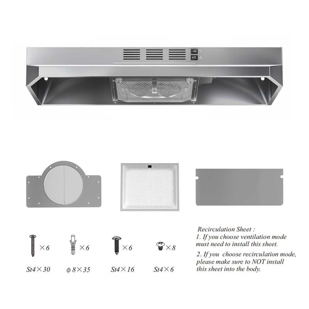 30" Stainless Steel Under Cabinet Range Hood 380 CFM, Convertible Vent, LED, Low Noise, Top & Rear Venting