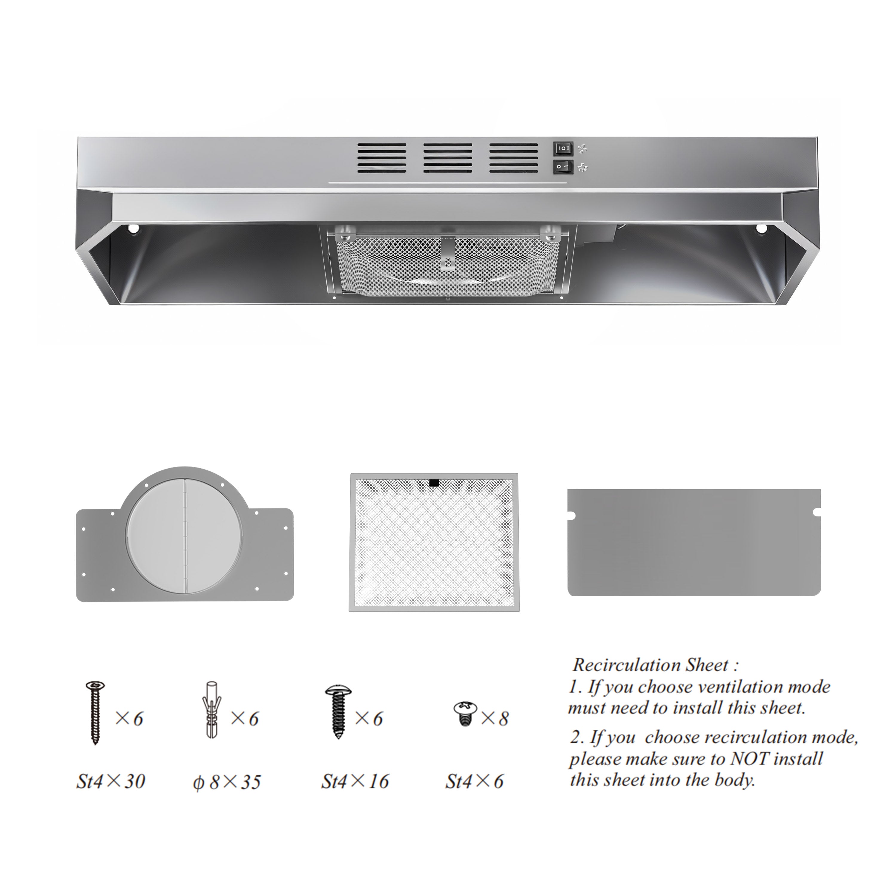 30" Stainless Steel Under Cabinet Range Hood 380 CFM, Convertible Vent, LED, Low Noise, Top & Rear Venting