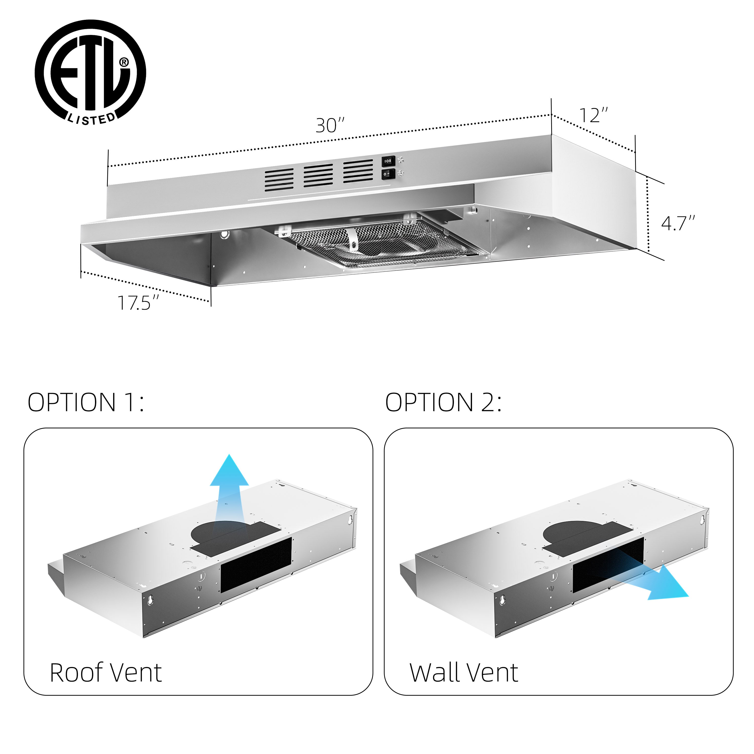 30" Stainless Steel Under Cabinet Range Hood 380 CFM, Convertible Vent, LED, Low Noise, Top & Rear Venting