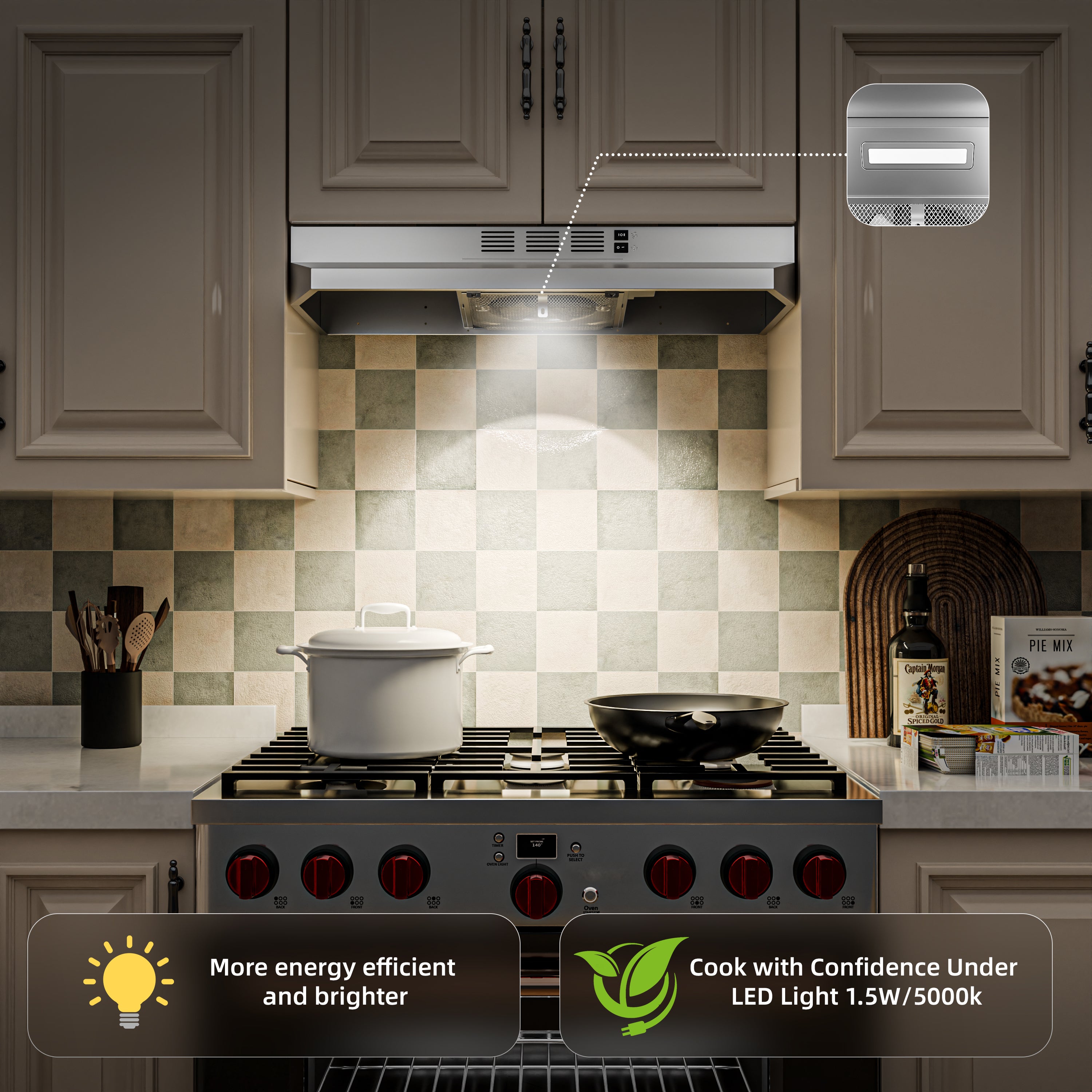 30" Stainless Steel Under Cabinet Range Hood 380 CFM, Convertible Vent, LED, Low Noise, Top & Rear Venting