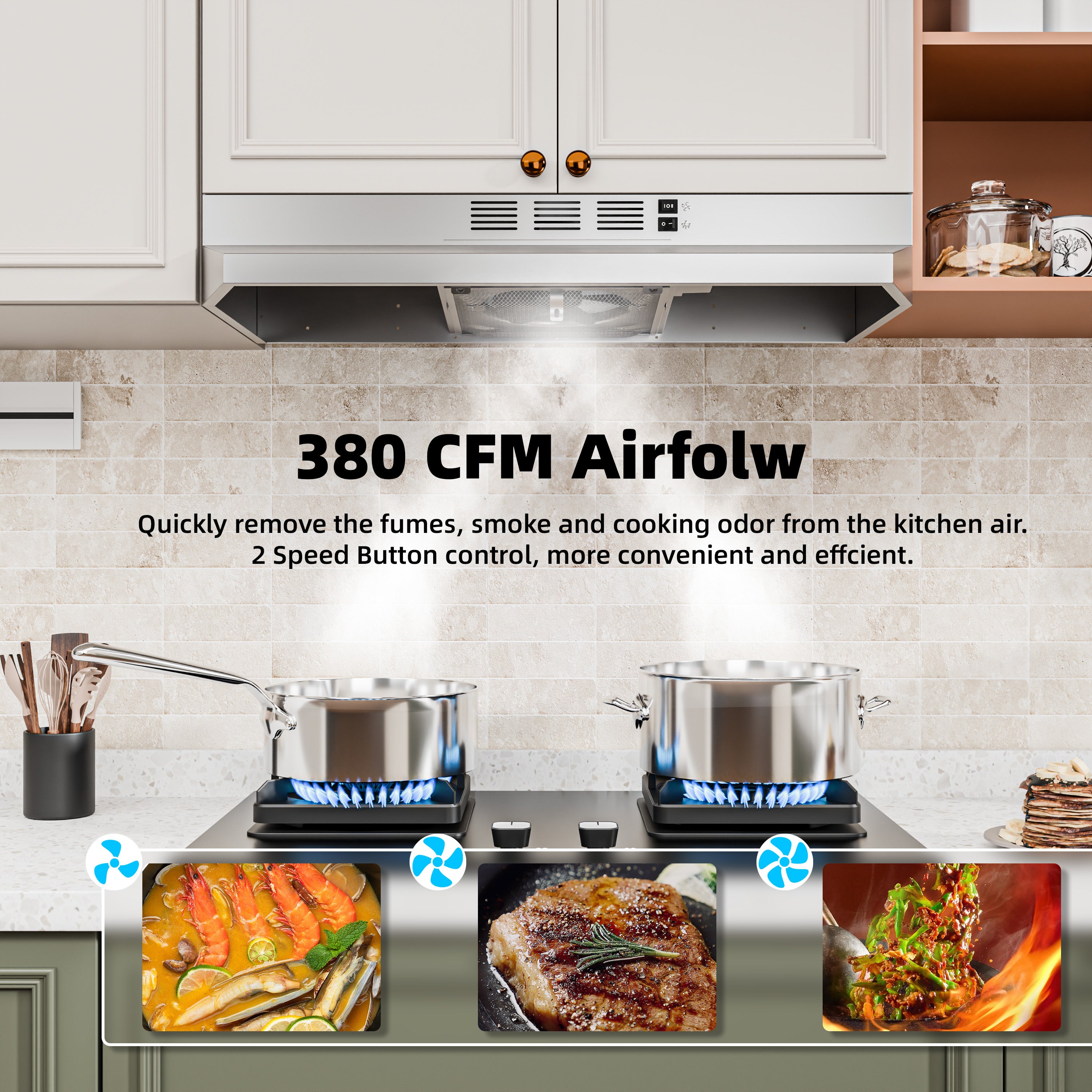 30" Stainless Steel Under Cabinet Range Hood 380 CFM, Convertible Vent, LED, Low Noise, Top & Rear Venting