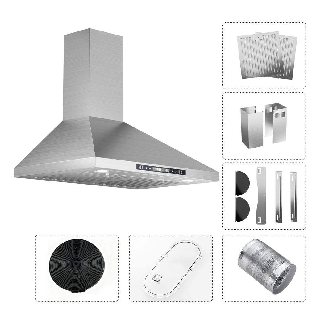 30" Stainless Steel Wall Mount Range Hood 600 CFM, Convertible Vent, 3-Speed, LED Lights