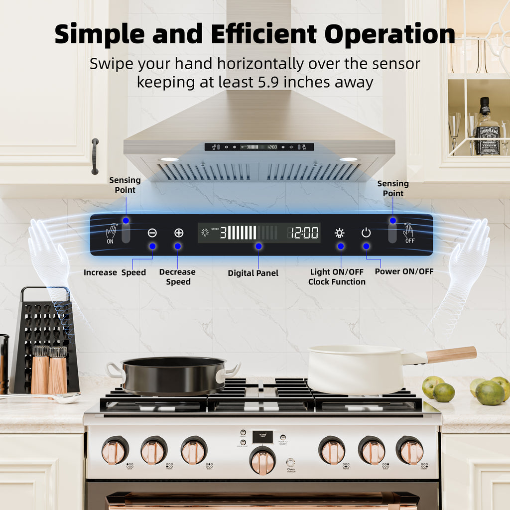30" Stainless Steel Wall Mount Range Hood 600 CFM, Convertible Vent, 3-Speed, LED Lights