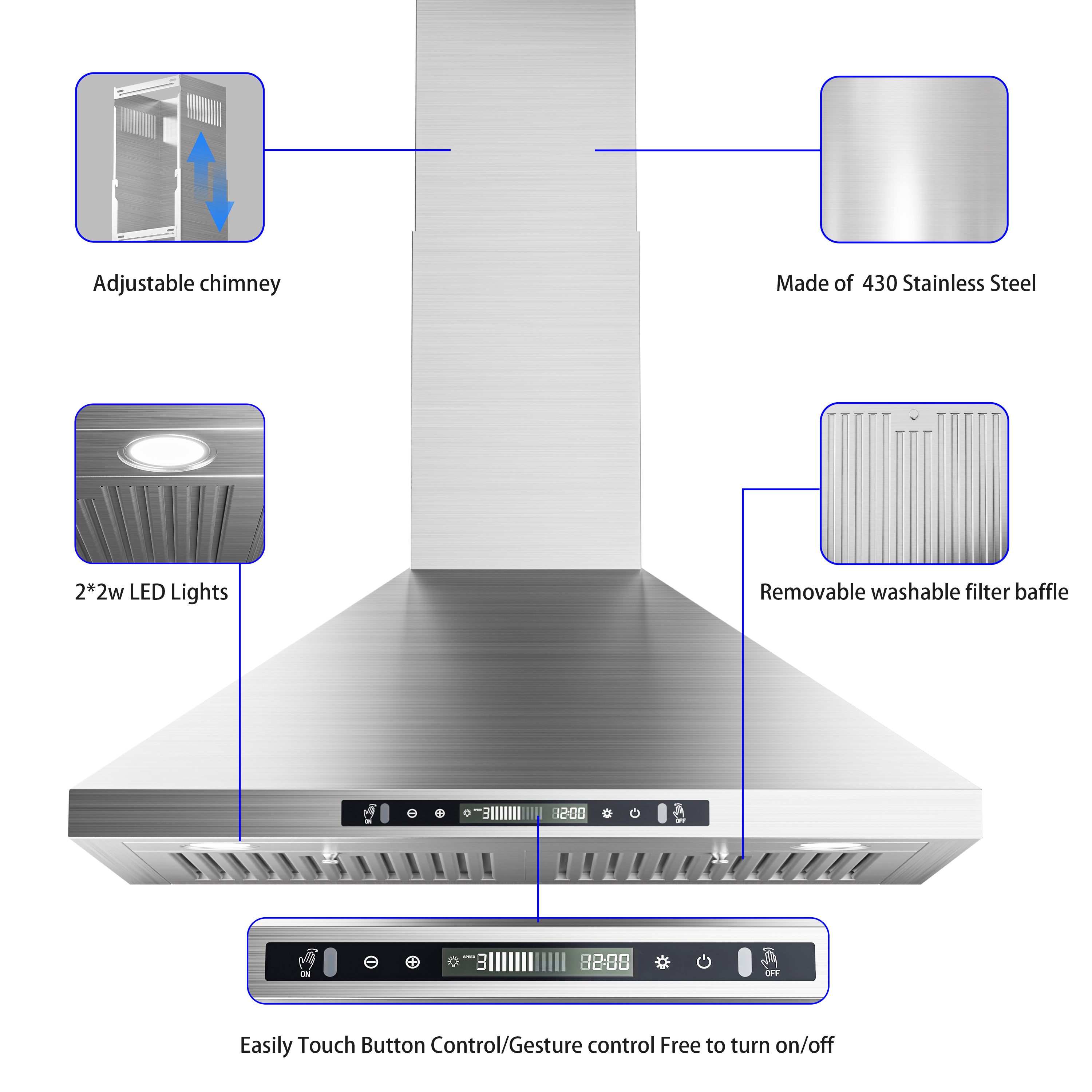 30" Stainless Steel Wall Mount Range Hood 600 CFM, Convertible Vent, 3-Speed, LED Lights