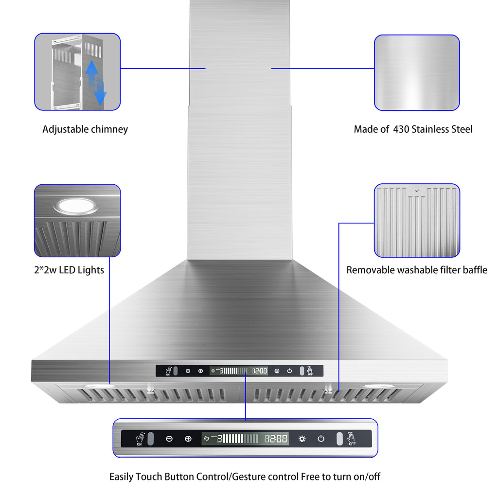 36" Stainless Steel Wall Mount Range Hood 600 CFM, Convertible Vent, 3-Speed, LED Lights