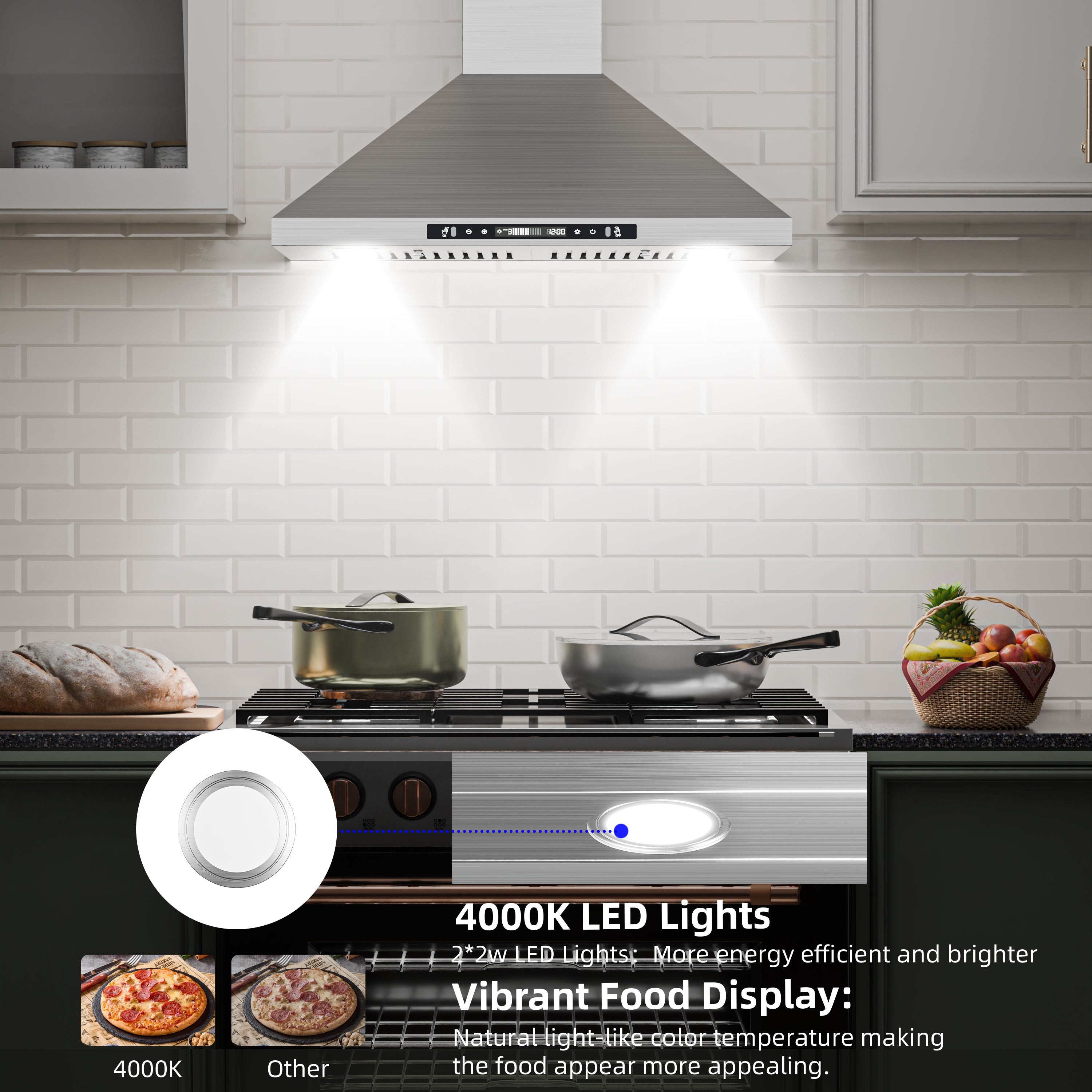 30" Stainless Steel Wall Mount Range Hood 600 CFM, Convertible Vent, 3-Speed, LED Lights