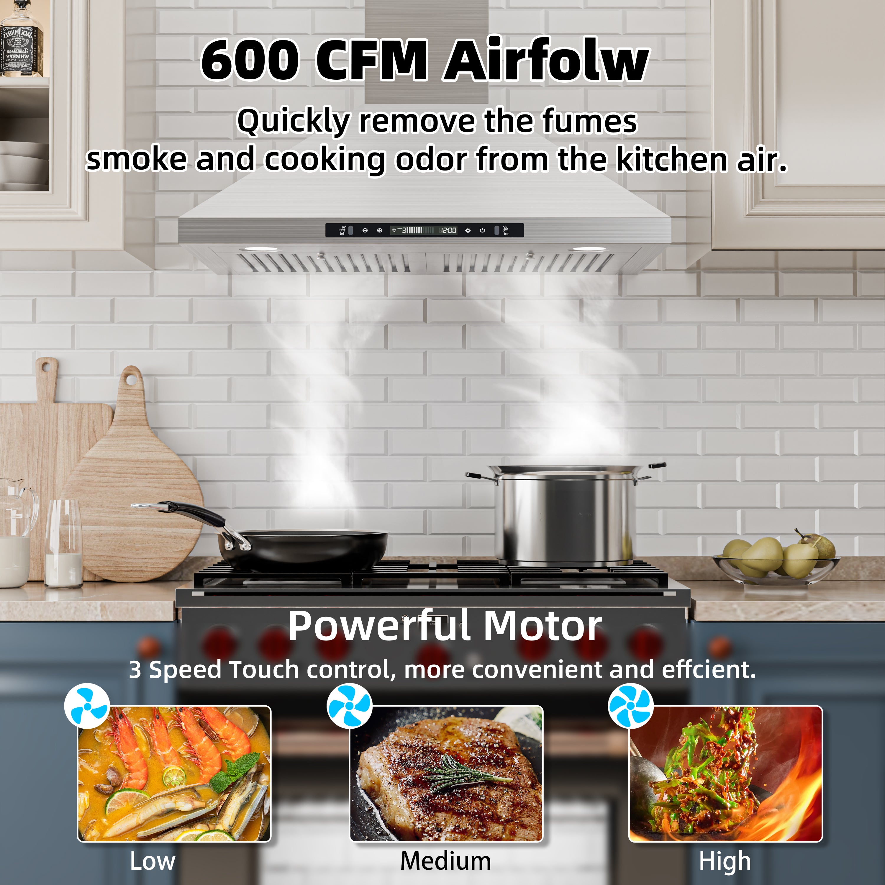 30" Stainless Steel Wall Mount Range Hood 600 CFM, Convertible Vent, 3-Speed, LED Lights
