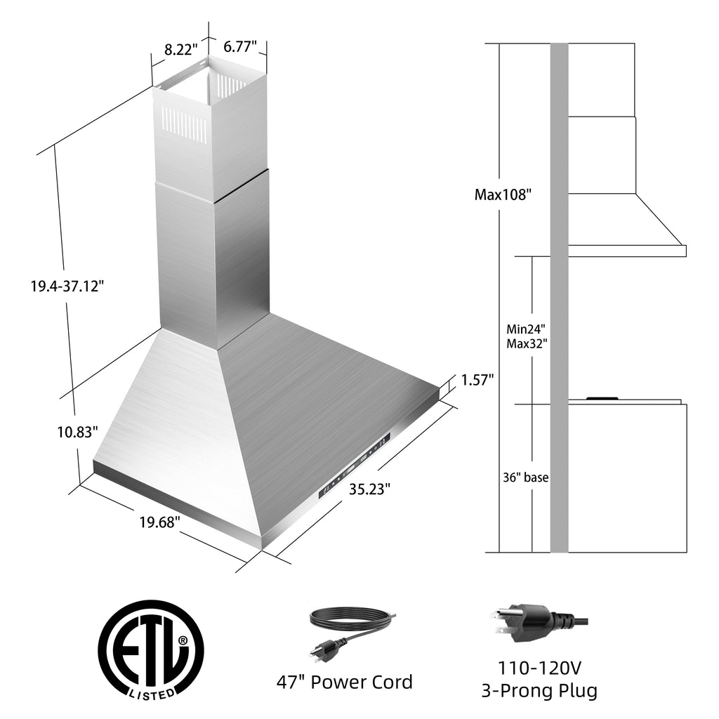 36" Stainless Steel Wall Mount Range Hood 600 CFM, Convertible Vent, 3-Speed, LED Lights